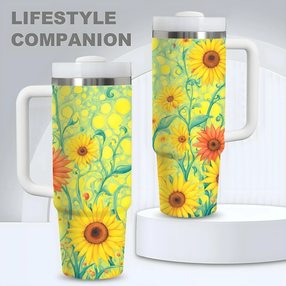 Sunflower Painting Vacuum Flasks 40oz Stainless Steel Vacuum Insulated Tumbler with Straw Leak Resistant Travel Mug