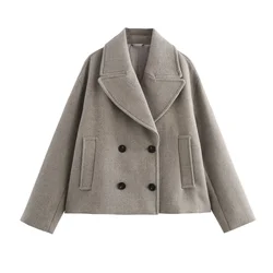 Style Cropped Pocket Design Wool-Blend Overcoat Jacket Autumn/Winter Season Double Row Buttoning