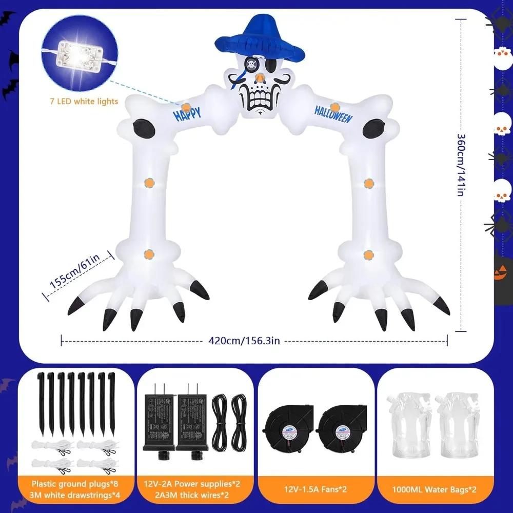 할로윈 팽창식 해골 아치, 야외 장식, 대형 팽창식 아치, 내장 LED, 무서운 음악, 선풍기, 13 피트