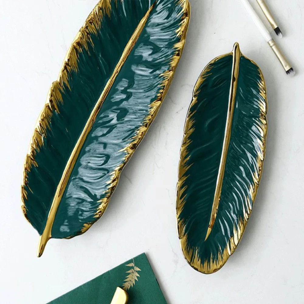 Luxury Ceramic Platter Storage Tray with Glod Rim Green Leaf Glod Feather Jewelry Makeup Brush Storage Decorative Sushi Plate