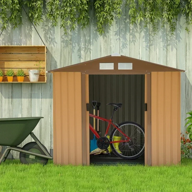 200cm*156cm*200cm  Steel Outdoor Shed Organizer, Garden Storage with 4 Vents for Airflow and 2 Easy Sliding Doors, Brown