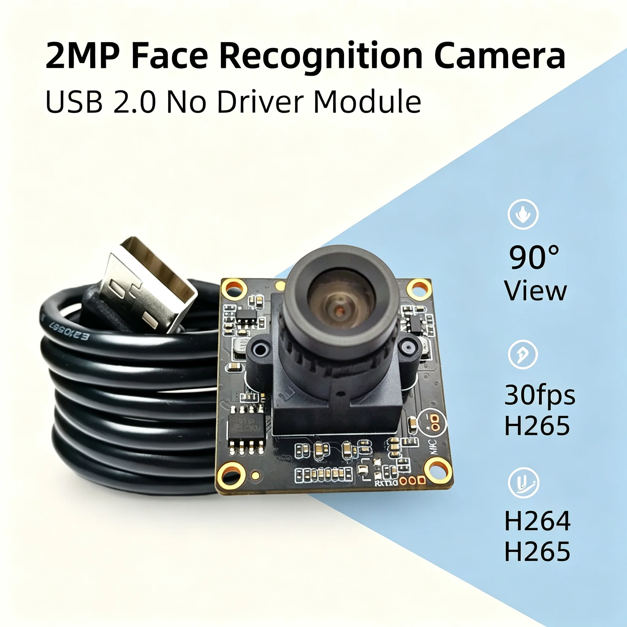 2MP USB 2.0 90degree Camera Module No Driver 30fps H264 H265 Face Recognition