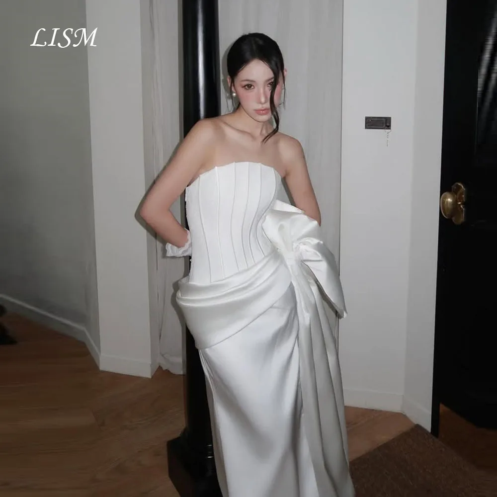 

LISM Strapless A-Line Korea Wedding Dresses Photo Shoot Silk Stain Elegant Long Bridal Gowns Customize 웨딩드레스 Ribbon