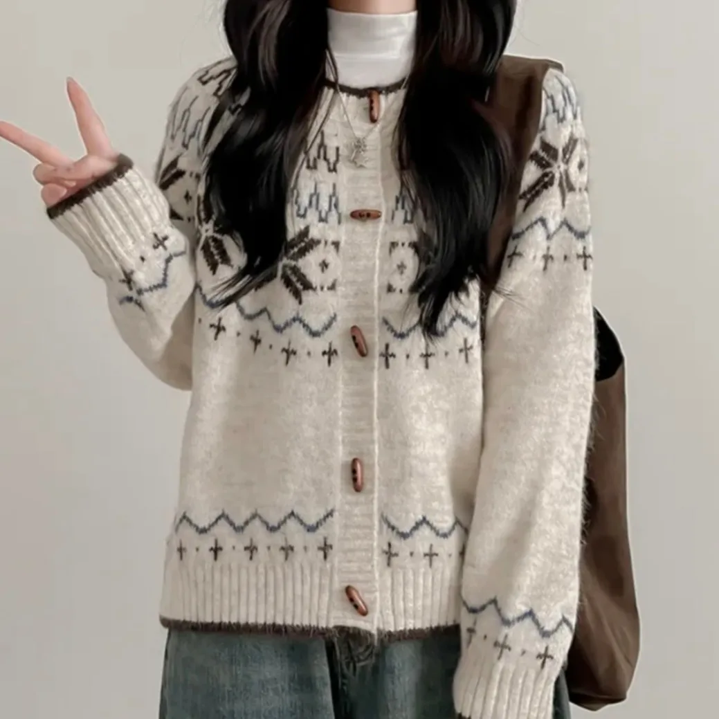 

Chic Autumn Winter Knitted Sweater Cardigan Loose Versatile Island Pattern Embroidery Warm Commute Sle Korean Straight Cut