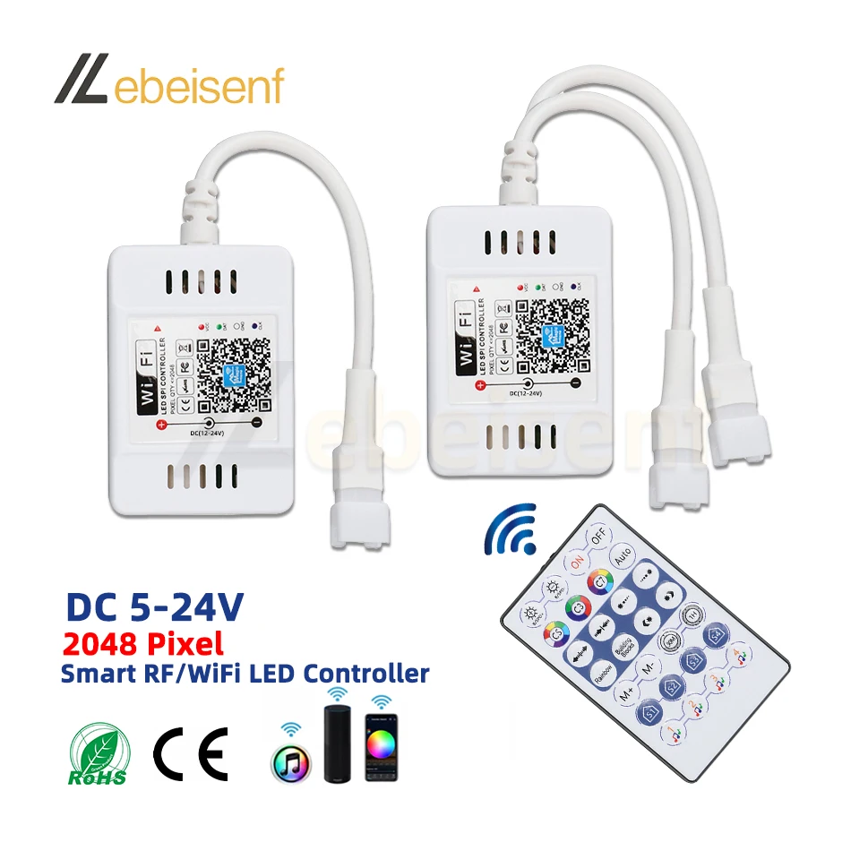 Controlador inteligente LED RF con WiFi, atenuador remoto inalámbrico para música, tira de luces RGB, 12V, 24V, 2048 píxeles, WS2811, WS2813