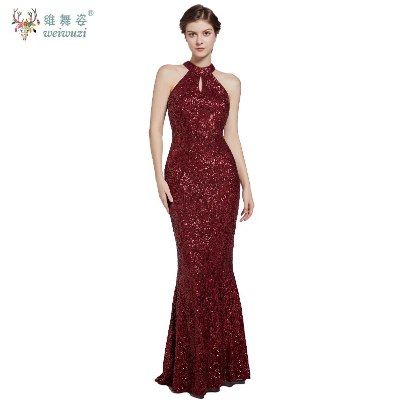 Nueva moda Sexy Retro elegante Halter vestido de noche largo mujeres adultas Vintage lentejuelas cola de pez vestido largo de lujo Bling hermoso