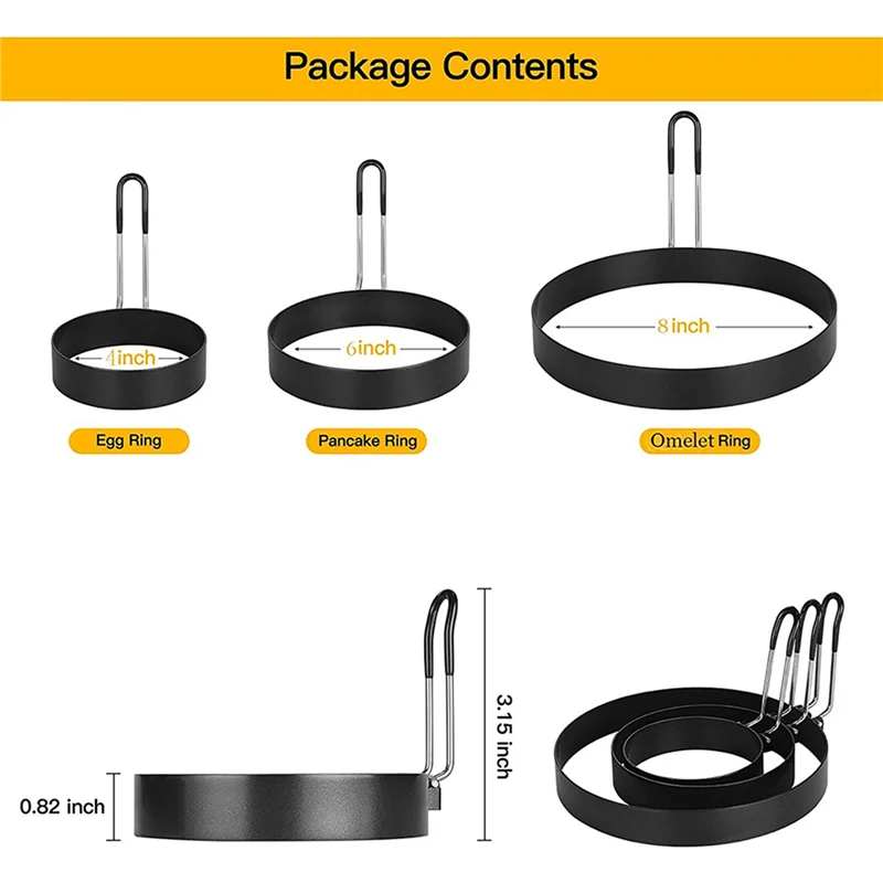 ABBY-4X Non Stick Egg Rings,4 In&6 In&8 In Pancake Rings,Fried Egg Poacher Egg Cooking Mold With Oil Brush