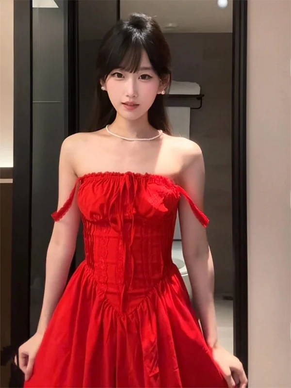 バレエスタイルローカットバックレスストラップドレス女性夏ノット折り畳まれた痩身おとぎ話ショートスカートフレンチスタイルハイウエスト