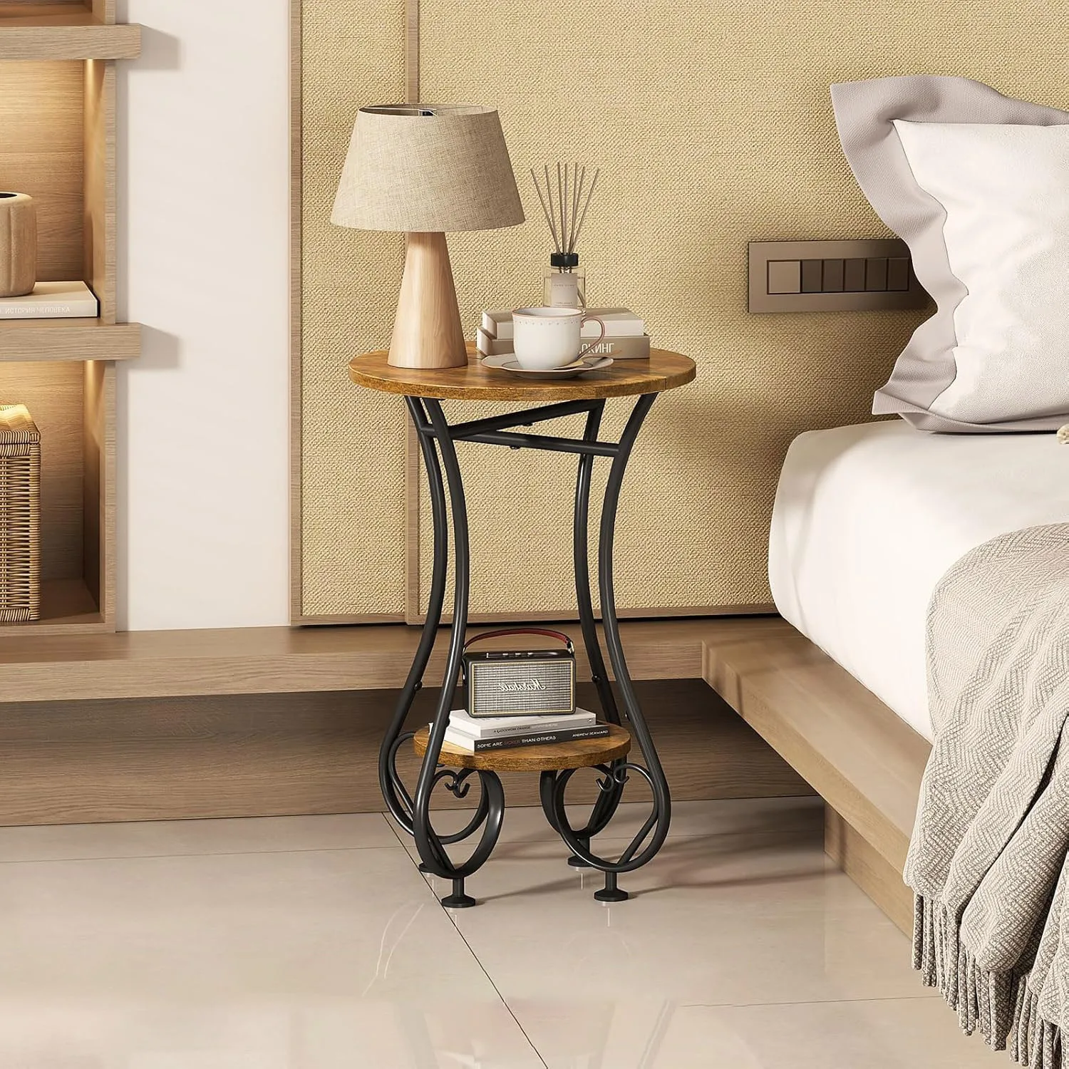 Nordic Light Luxury Bedside Small Round Side Table with Lower Shelf Coffee Coffee Table