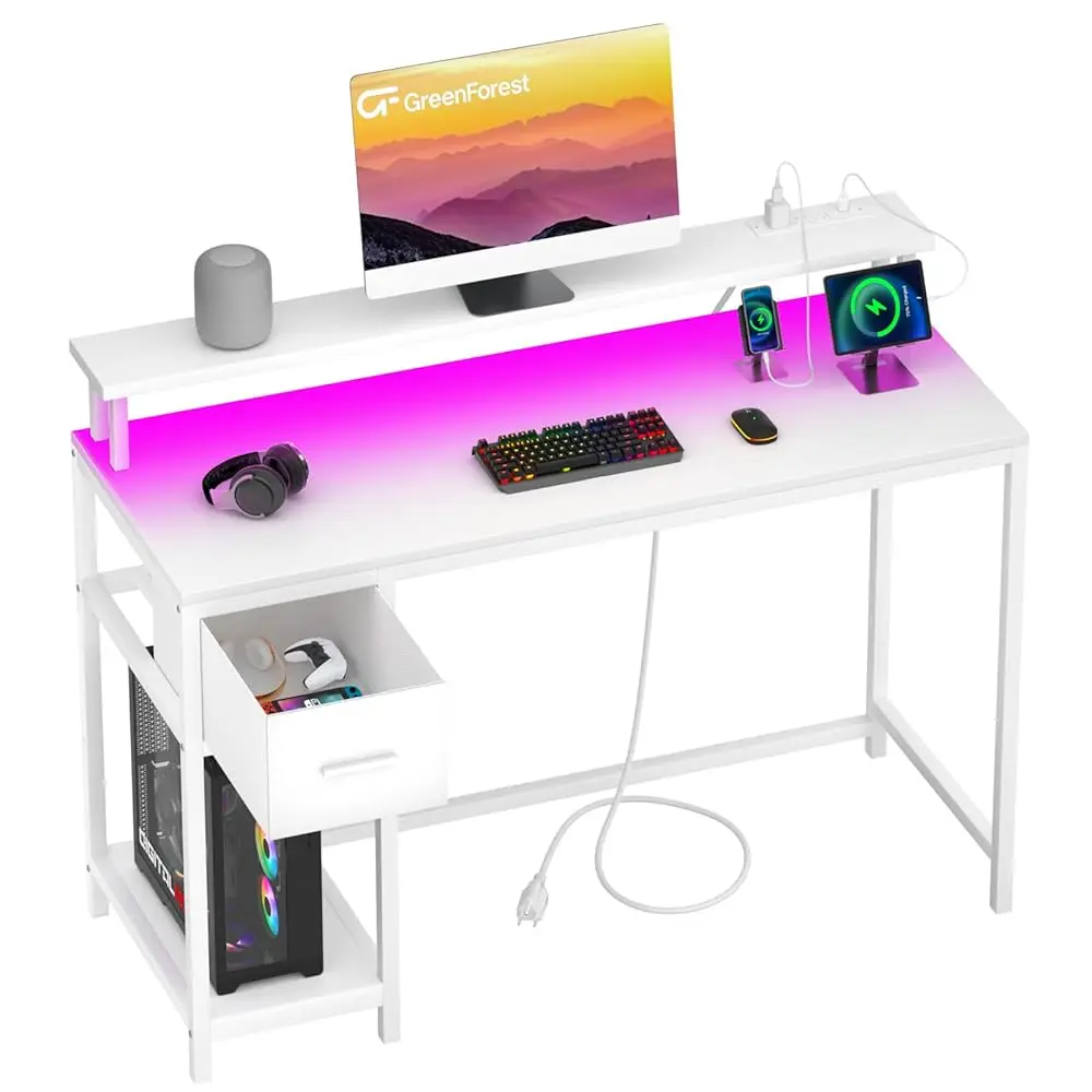 

Computer Desk 39 H With Led Lights And Monitor Stand, Office Desk With Drawer For Small Spaces, Gaming Desk With Power Outlets