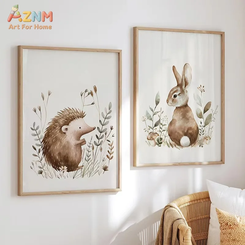 AZNM Bear Fox Rabbit Deer Hedgehog Mushroom Leaves Nursery Wall Art Posters Canvas Painting Prints Pictures for  Room Decor