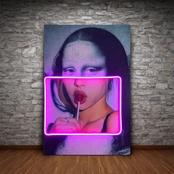 Arte impreso en lienzo de neón, Mona Lisa con piruletas, carteles de arte Pop, pintura en lienzo, retrato abstracto, imagen artística de pared, decoración del hogar