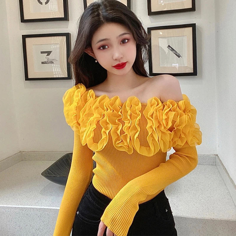 Spring Autumn High Quality Knitted T-Shirt Chic Sexy  Off Collar Ruffles Women Tops Long Sleeve Stretchy Slim Tees Pullover 3990