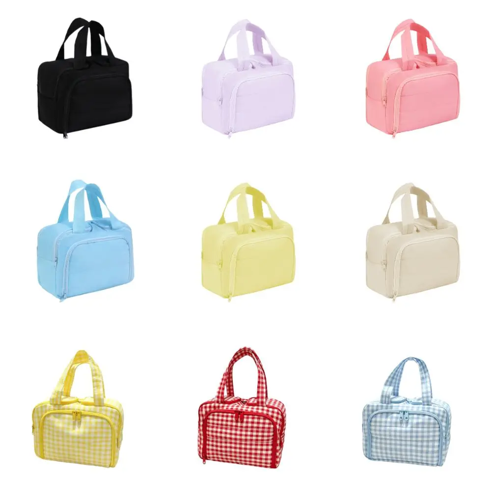 Multipocket Design Cosmetic Handbag Double Side Open Large Capacity Travel Toiletry Bag Checkered Pattern Comfortable Handle