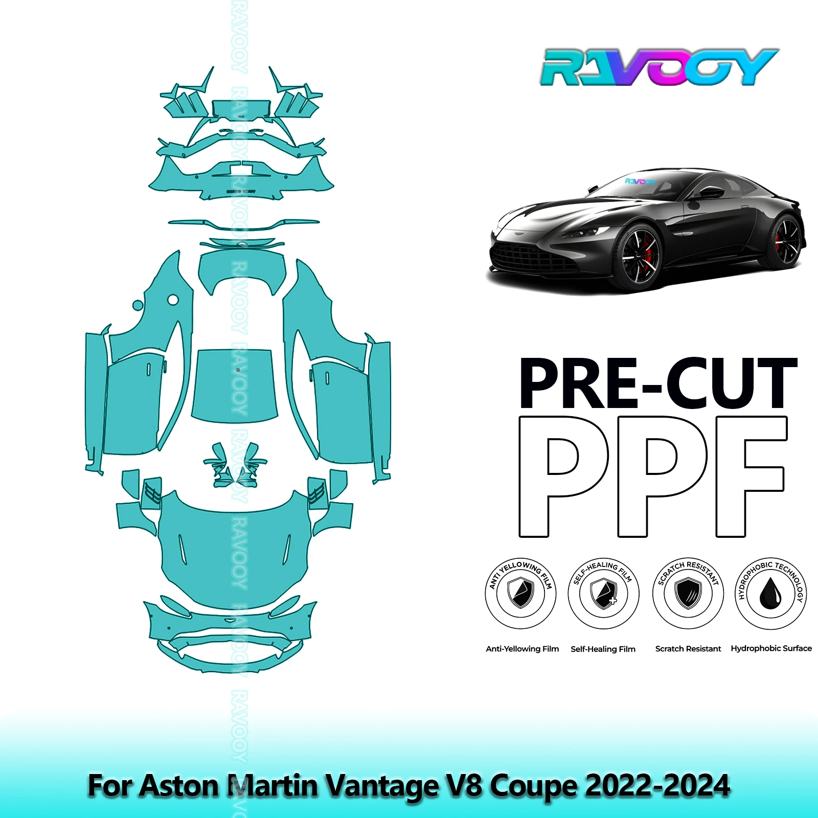 RAVOOY Custom-Fit Precut TPU PPF Full Vehicle Clear Bra Stone Guard EU UK For Aston Martin Vantage V8 Coupe 2022-2024