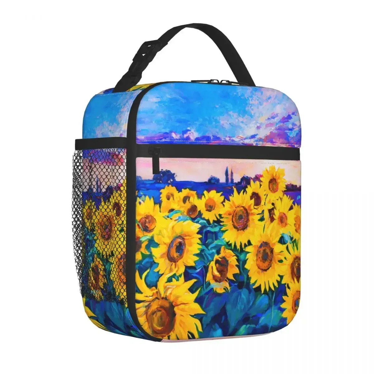 Bolsas de almuerzo con aislamiento térmico de girasoles, arte de impresión moderno, caja reutilizable para el almuerzo, enfriador térmico, pintura al óleo