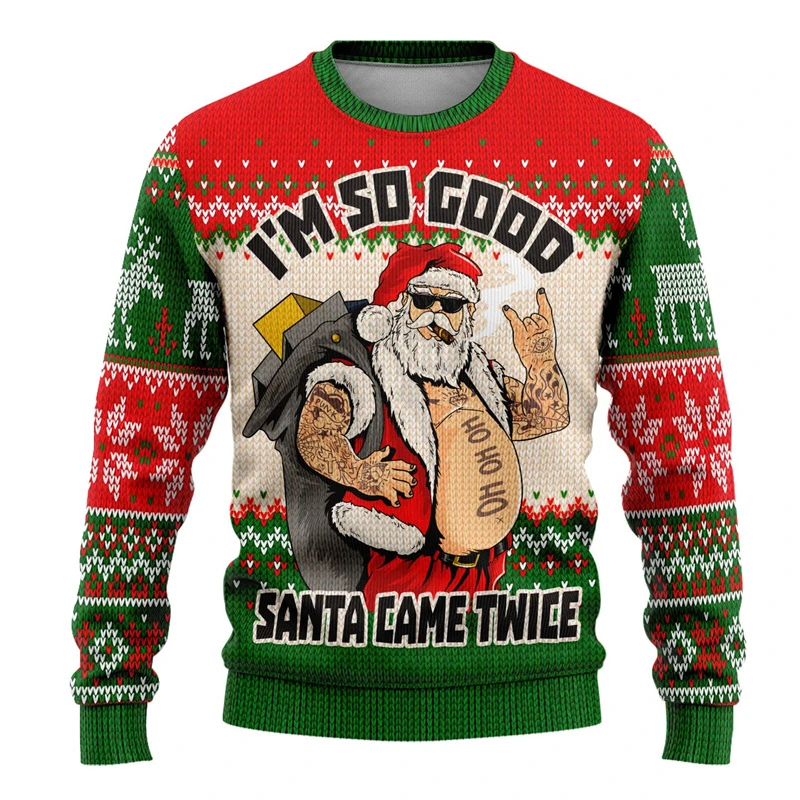 Suéter feio de natal para homens e mulheres, desenho engraçado, papai noel, gráfico, gola redonda, tops, pulôveres de férias de ano novo