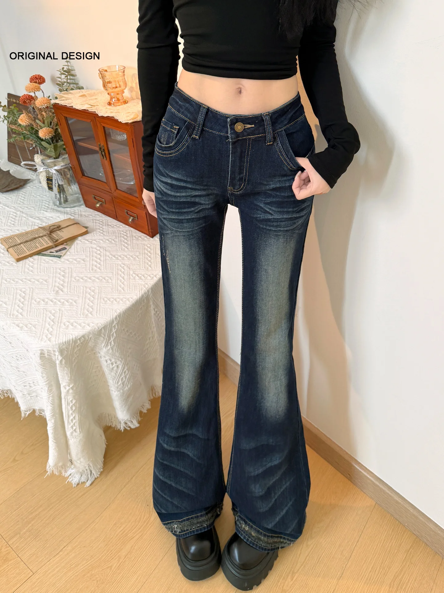 

Ретро джинсы-клеш с высокой талией для женщин, американский стиль, летние, стройнящие, длинные брюки, трендовые, повседневные, из смесового хлопка