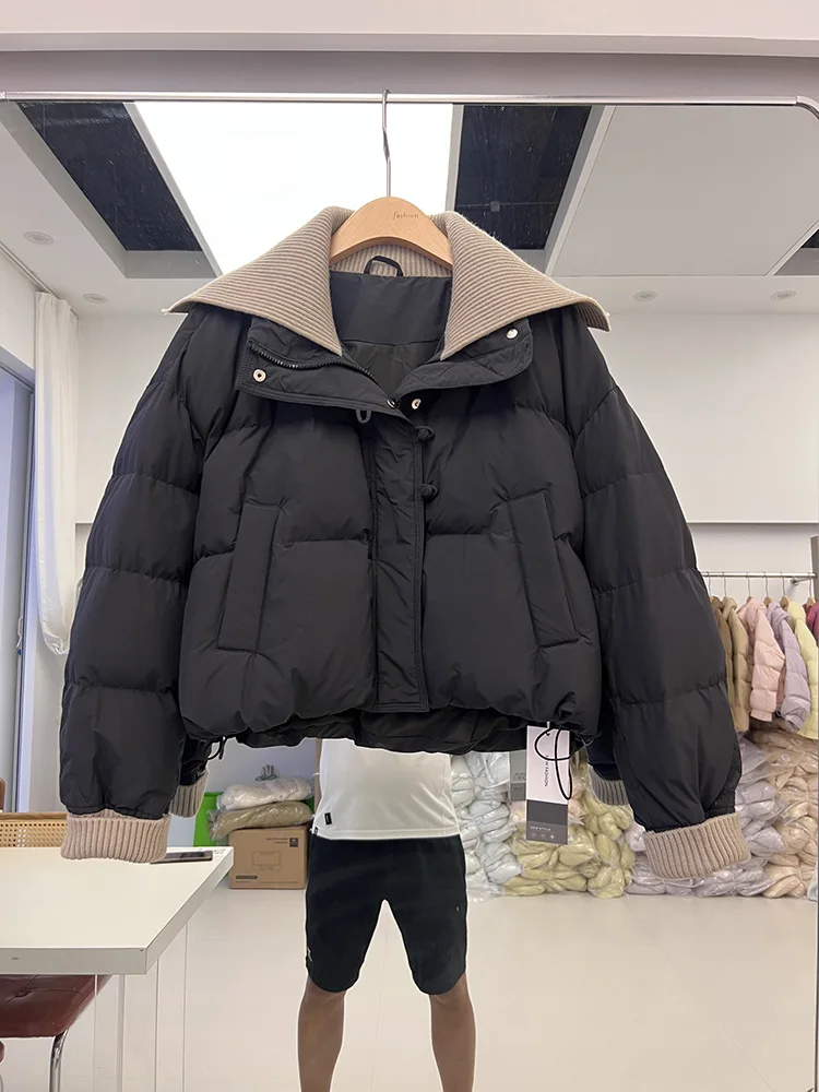 2025 Winter New Down Jacket Women's Korean Edition Lapel Collar Fashion Knitted Splicing White Duck Down Coat Trendy