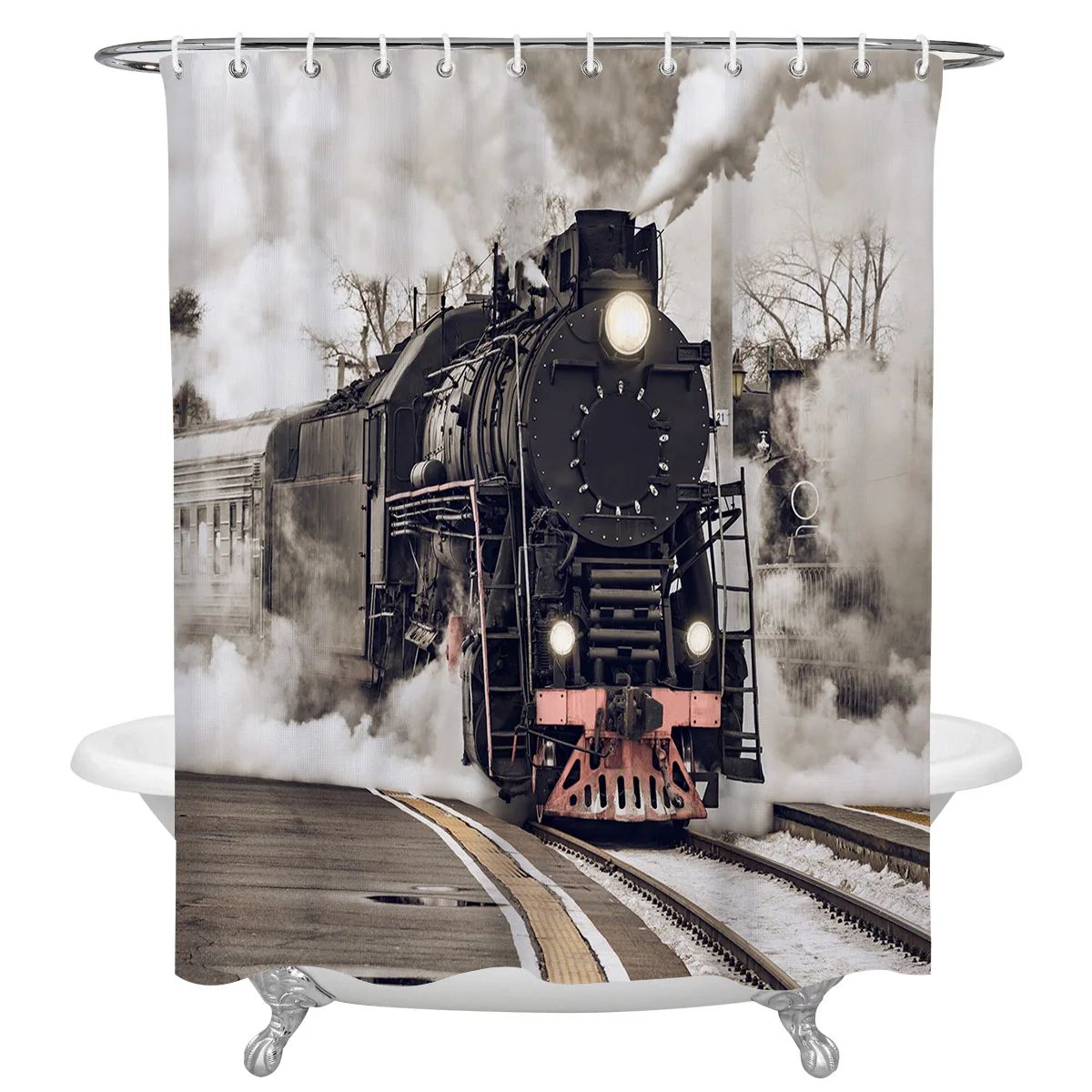 The Steam Age Of Old Trains Waterproof Bathroom Decoration Shower Curtain With Hook Bathtub Curtains Bathroom Accessories