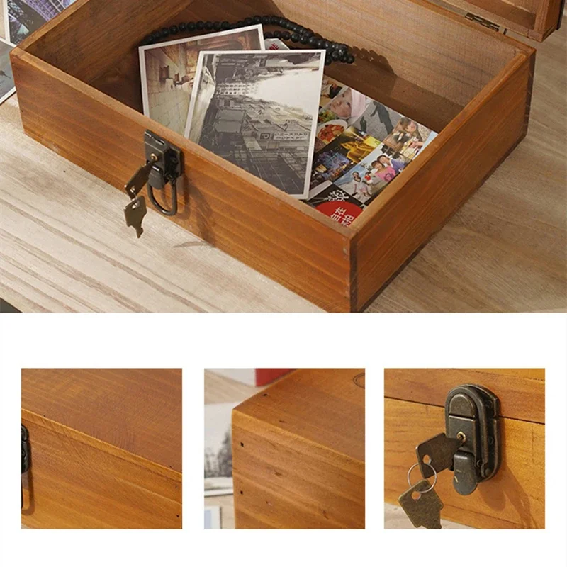 Retro Solid Wood Square Storage Boxes with Keys Desktop Treasure Chest Lockabl Solid Wood Gifts Craft Handmade Storage Box