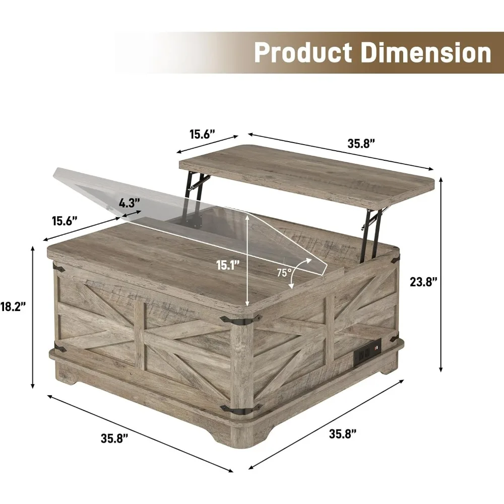 LED Lift Top Coffee Table with Storage, Power Outlets, Square Wood Living Room Table, Large Hi-End Furniture