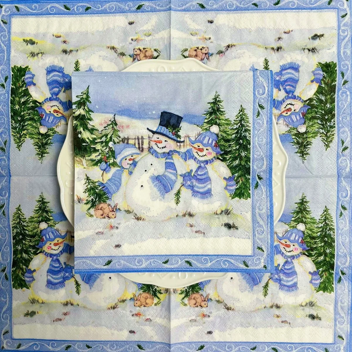 Christmas Snowman Paper Napkins Disposable Winter Xmas Party Decor Blue Snow Scene Printed Tissue For Dinner Table Holiday Decor - view 4