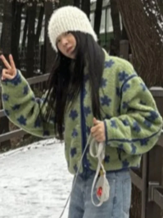 Retro Sweet Color Blo Flower Print Fluffy Zipper Cotton Jaet Women's Winter Loose Long Sve Warm Cotton Outerwear