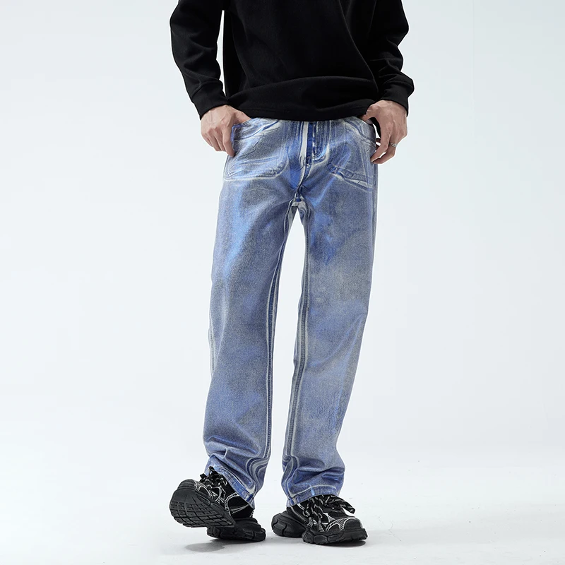 Coated Jeans Men American Streetwear Fashion Hip Hop Loose Casual Straight Plus Size Denim Jeans Pants ManY2k Jeans Trousers