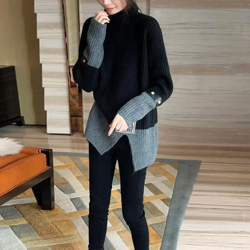 

Casual Contrasting Colors Spliced Jumpers Women's Clothing Winter Turtleneck Loose Fashion Asymmetrical Knitted Sweaters PH341