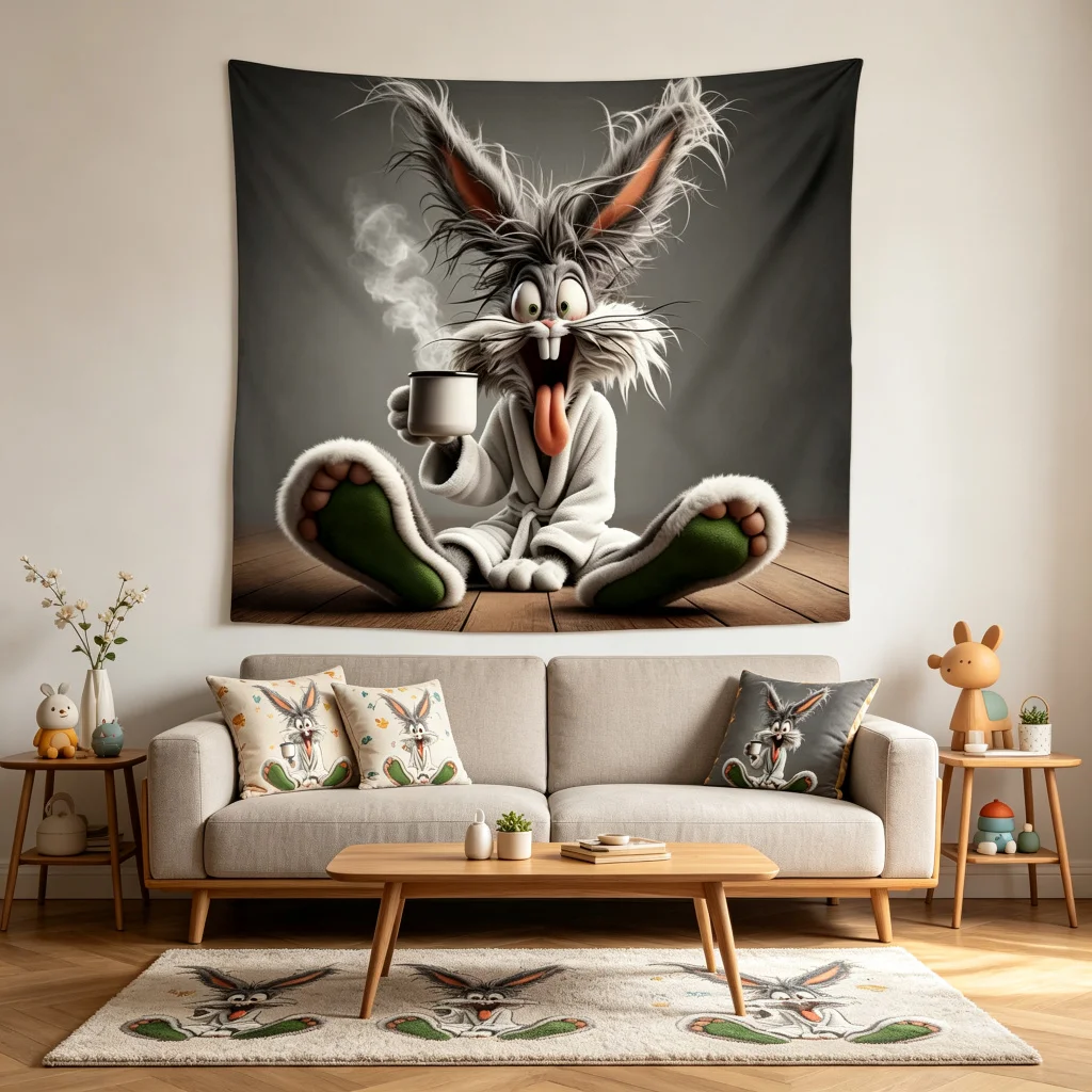 1PC Cartoon Rabbit Grey Art Print Backdrop Banner, Bedroom Living Room Photo Background, Polyester, Home Decor, Wall Art