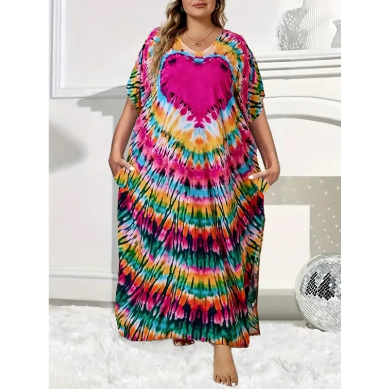 Sukienka damska plus size 1XL-5XL w stylu boho, nowa, z nadrukiem tie-dye, rękawami typu nietoperz, rozcięciem, długa sukienka plażowa.