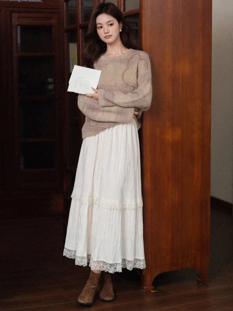 ALXNAN Lace Skirts Patchwork High-waisted Elastic Waistband Layered Long Skirt Wrinkle Loose-fit Versatile Ladies Bottoms L58552