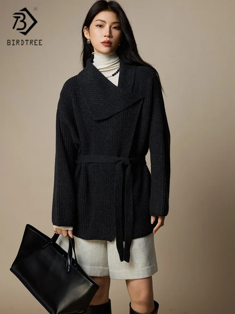 

Birdtree,100% Sheep Wool Slanted Lapel Collar Cardigan,Woman Knitted Belt Sweaters,2025 Autumn/Winter Coat,White,Black T5O833JF