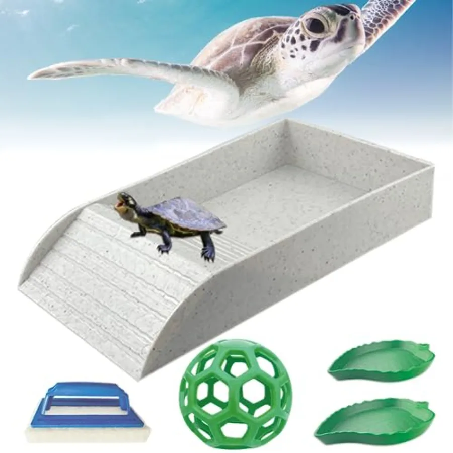 

【Spot goods】5 Pcs Tortoise Water Dish SetGray Tortoise Water Dish with Ramp and Turtle Water Bowl Turtle Feeder Ball Scrub Brus
