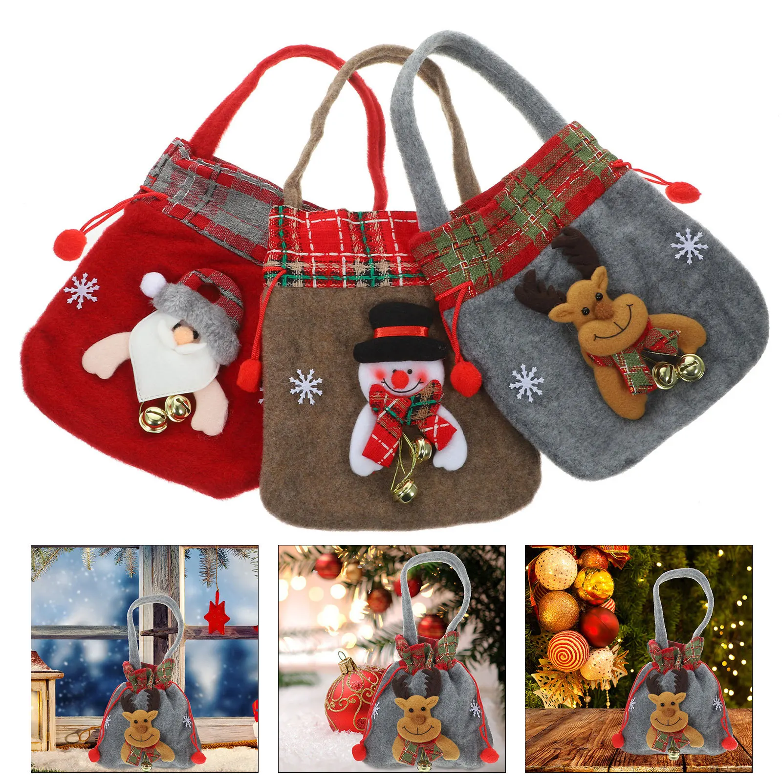 

3Pcs Cloth Gift Bags with Handle Christmas Candy Bags for Small Gifts Reusable Wrapping Pouches Xmas Party Favor Bag Storage