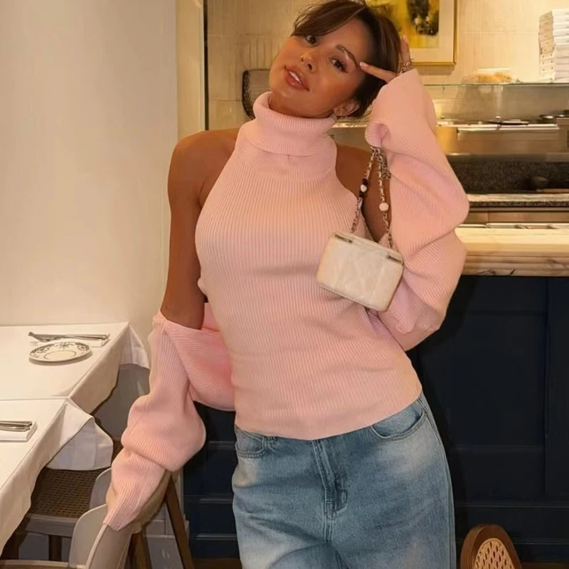 Sexy Women Knitted Sweater 2 Pieces Set Halter Open Back Knitted Crop Top Autumn Clothing Fashion Lady Cardigan Pullovers Pink
