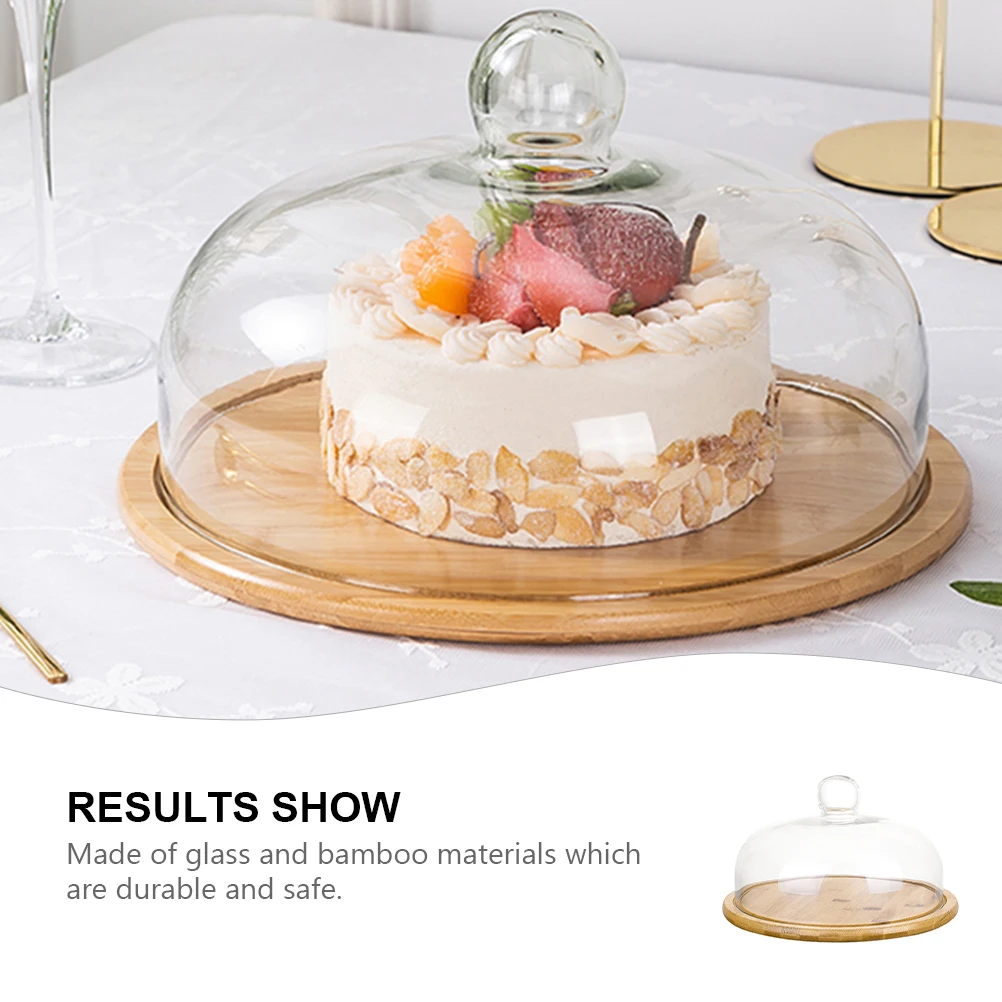 

1Pcs Food Display Tray with Glass Cover Cake Plate Bamboo Base Serving Dish for Pastry Bread Convenient Household Dessert Plate