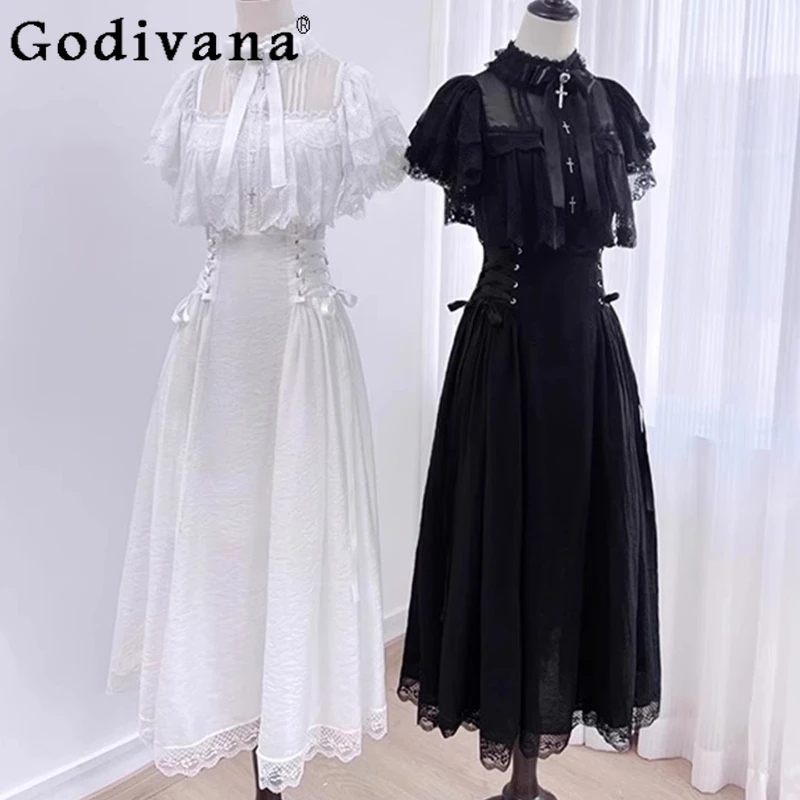 

Summer Black and White Lolita Dress Women Elegant Off Shoulder Design Bowknot Dress Female Japanese Style Sweet Fairy Dress