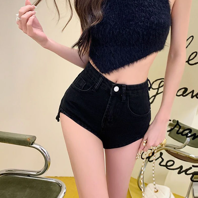 Irregular Denim Shorts Women Solid Pockets Harajuku Y2K Mini Sexy Shorts High Street Fashion Casual Skinny Female Black Jeans