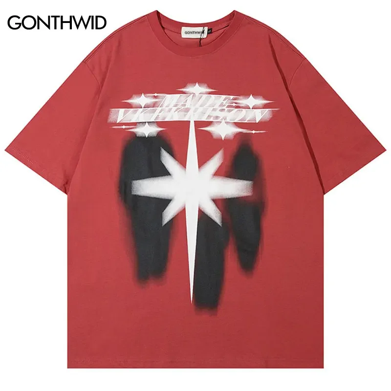 2024 Men T Shirt Streetwear Star Shadow Graphic T-Shirt Hip Hop Oversized Harajuku Tshirt Cotton Unisex Tops Tee Black Red White