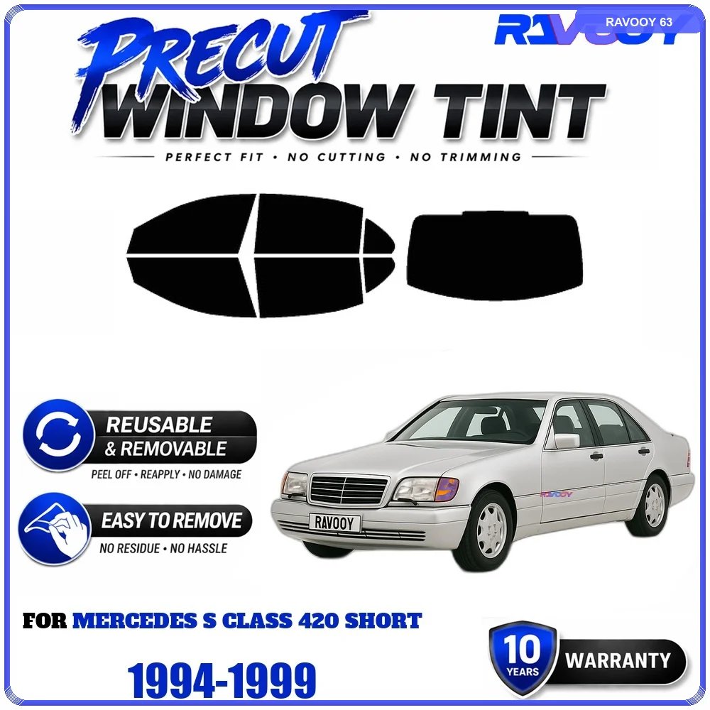 RAVOOY Precut Window Tint, Reusable Removable EPU Film, Custom Fit for Mercedes S Class 420 Short 1994-1999, UV Heat Protection