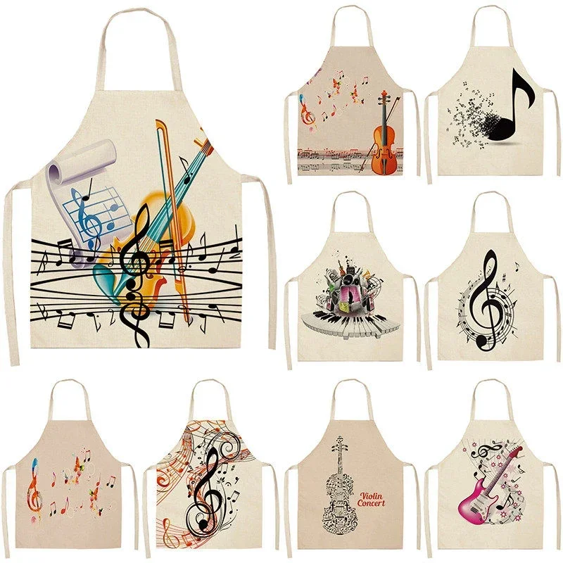 Musicial Note Guitar Piano Kitchen Aprons Women Cotton Linen Bibs Household Cleaning Pinafore Home Cooking Apron 53*65cm WQL0141