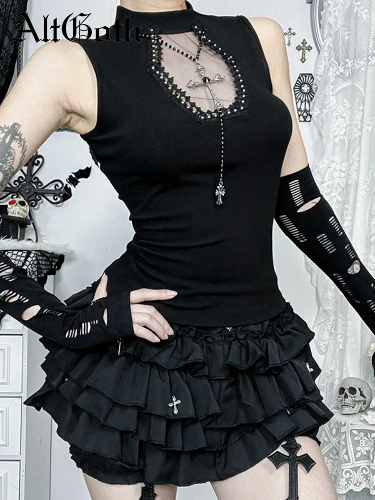 

AltGoth Cyber Punk Gothic Vest Women Dark Streetwear Sexy Patchwork Diamond Hollow Out Crop Tank Tops Y2k E-girl Emo Alt Outfits
