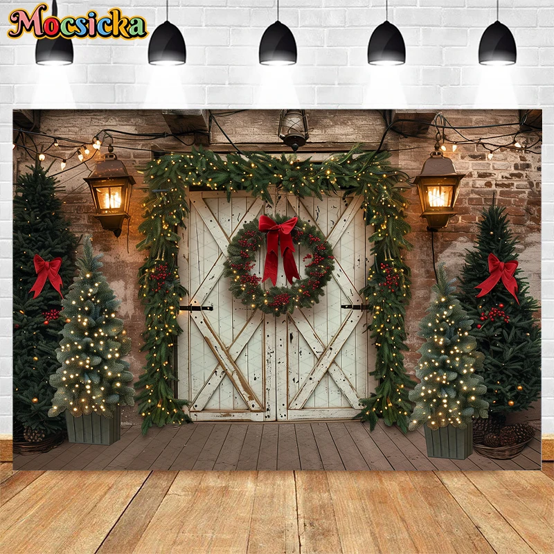 Mocsicka Rustic Country Tree Farm Backdrops Kids Family Photography Xmas Photo Child Adult Photocall Wooden Door Farm Background