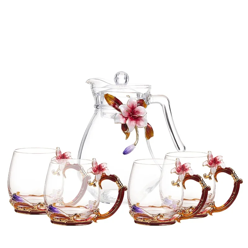 

Wholesale Stylish Handicraft Chinese Style Heat Resistant Hand Painted 4 Juice Cups Pot 1.3L Set Glass Teacup Set