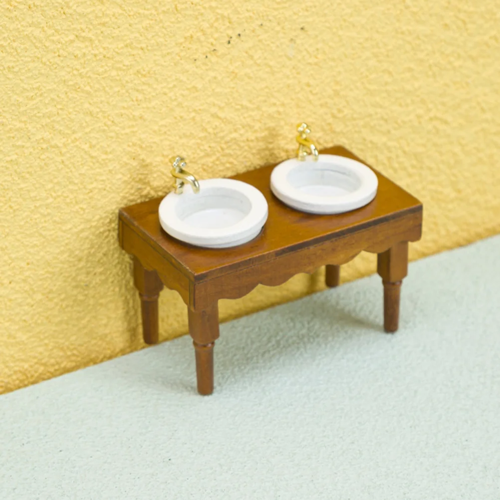 House 1:12 Dollhouse Miniature Furniture Bathroom Scene Double Basin Wash Sink Table Cabinet Adornments Supplies