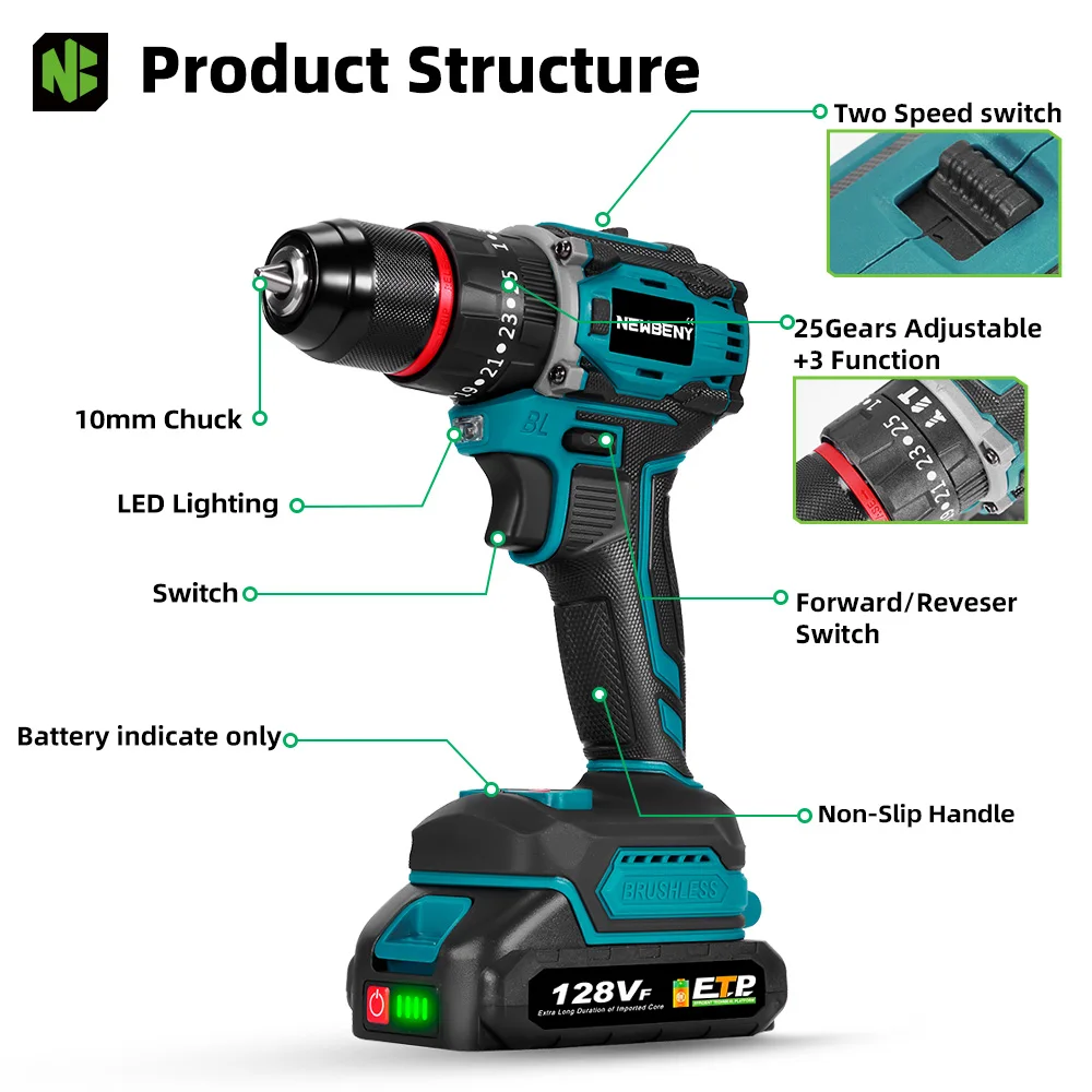 NEWBENY 80N.M 25 + 3 Drehmoment Bürstenlosen Bohrmaschine 3IN1 Akkuschrauber Holzbearbeitung Power Tool Für Makita 18V Batterie pin – Detail 4
