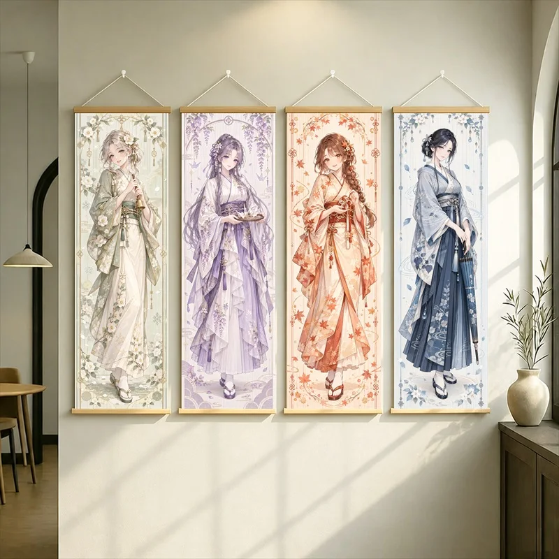 Anime Women Hanging Scroll with Flowing Sage, Lavender, Orange and Navy Robes and Ornate Floral Borders for a Reading Nook
