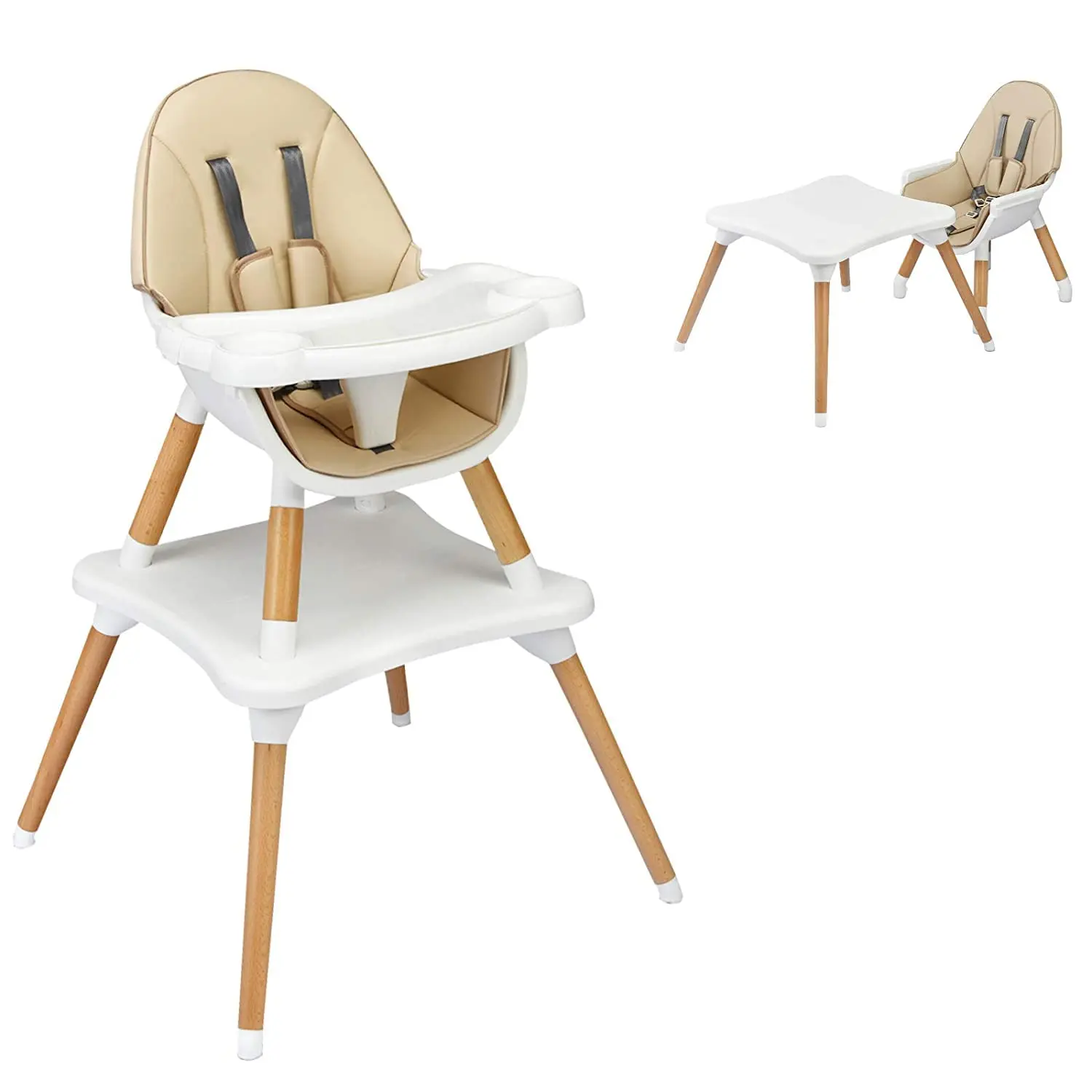 Baby High Chair, 5-in-1 Convertible Wooden Highchair  and Toddlers/Table and Chair Set/Toddler Chair with Safety Harness